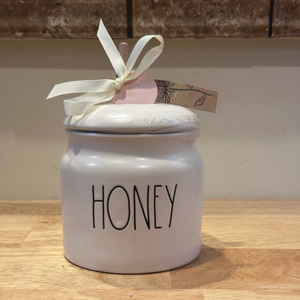 Rae Dunn Artisans Collection Ceramic Honey Jar With Lid & Wood Spoon NWTS